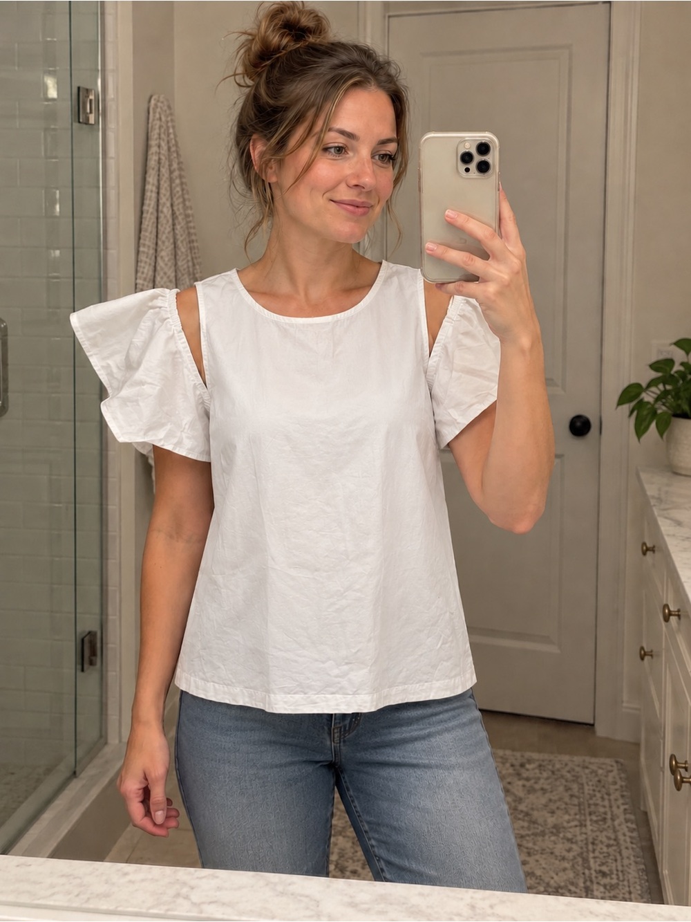 NWT LOFT White Ruffle Cold-Shoulder Cotton Blouse Small